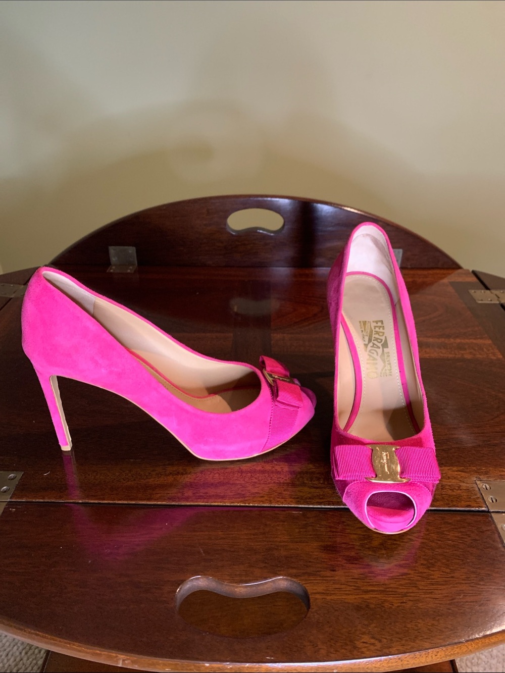 Salvatore Ferragamo Hot Pink Suede Peep-Toe Heels with Bow
